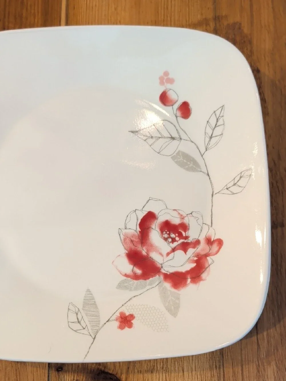 Corelle Set Of Four White Square Plate with Red And Gray Rose Floral Motif